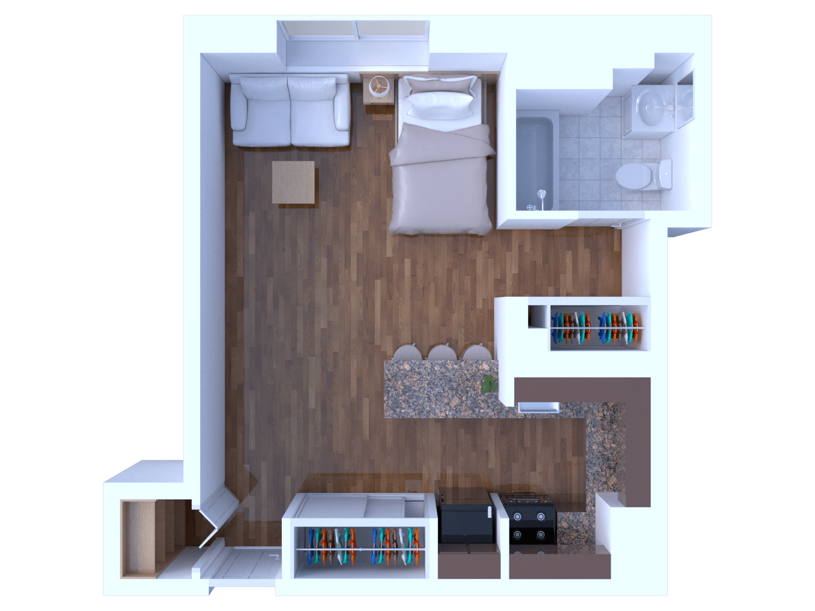 Floor plan for studio, 1 bath, 445 sqft